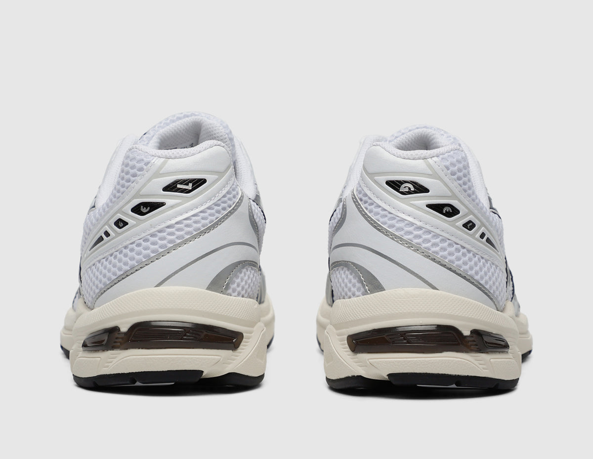 ASICS GEL-1130. Rear view of pair of white running shoes showing cloud grey heel overlays and GEL midsole inserts. 