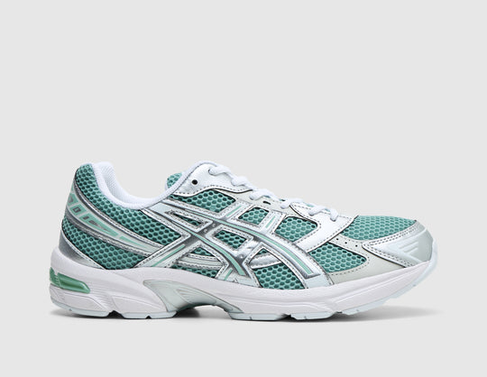 ASICS GEL-1130. Side view of verdigris teal mesh running shoes featuring pure silver synthetic overlays, and white GEL cushioned sole. 