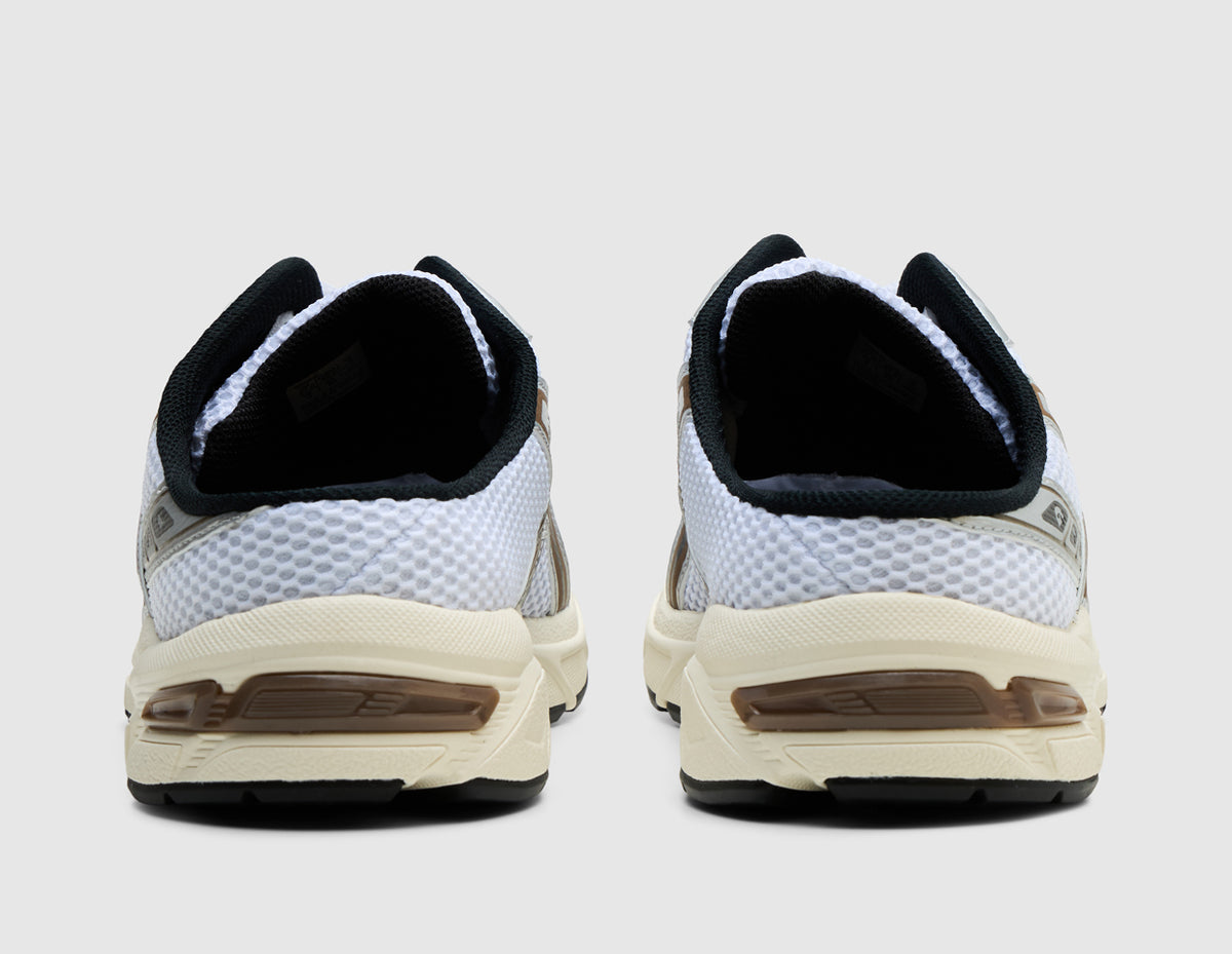 ASICS GEL-1130 Mule. Rear view of white open-back slip-on mule sneakers showing open heel design and GEL midsole inserts.