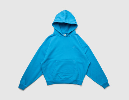 Home Grown Brutal HD Hoodie. Front view of malibu blue pullover hoodie featuring kangaroo pocket, ribbed cuffs, and hem. 