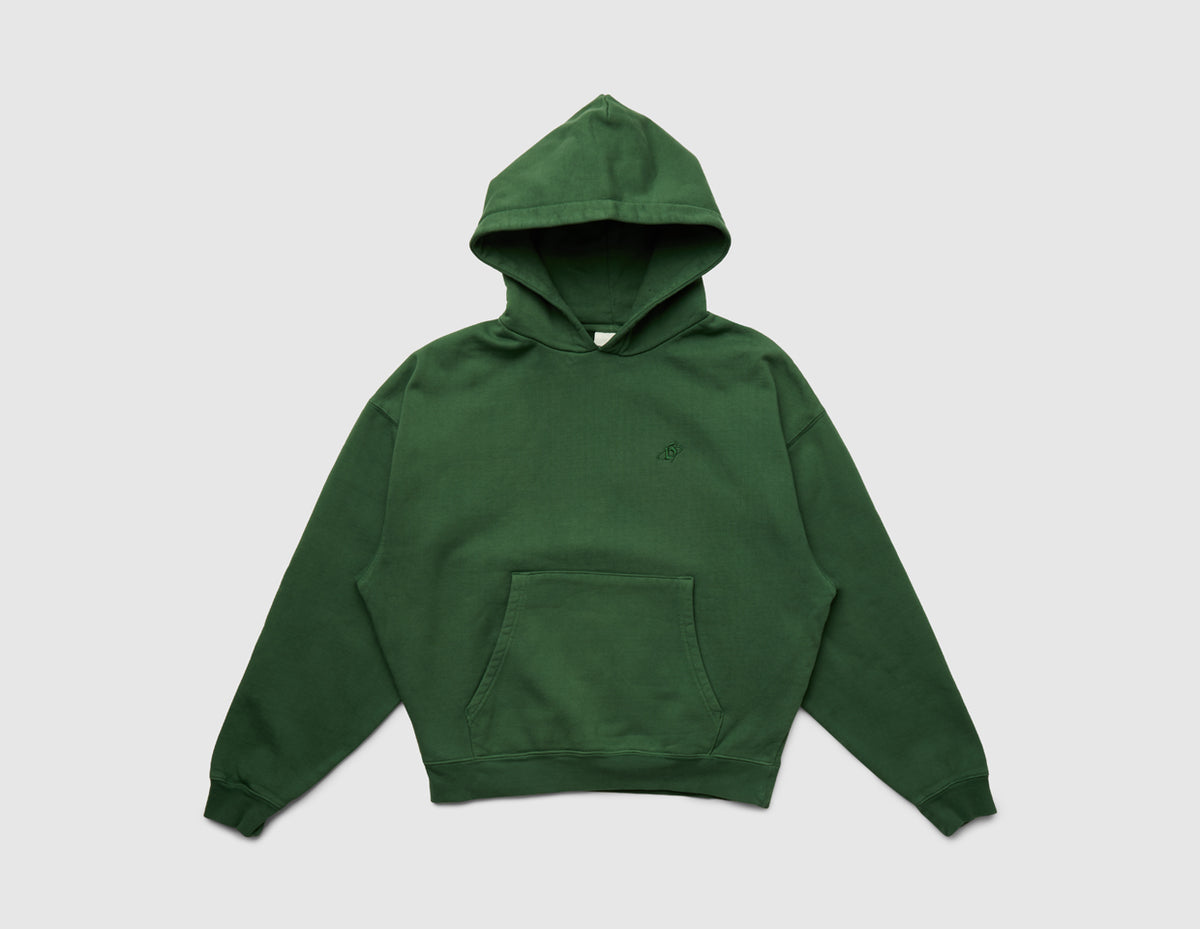Home Grown Brutal HD Hoodie. Front view of dark ivy green pullover hoodie featuring kangaroo pocket, ribbed cuffs, and hem. 
