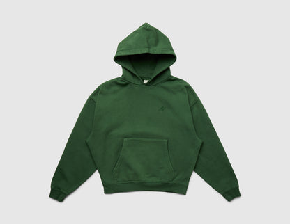 Home Grown Brutal HD Hoodie. Front view of dark ivy green pullover hoodie featuring kangaroo pocket, ribbed cuffs, and hem. 