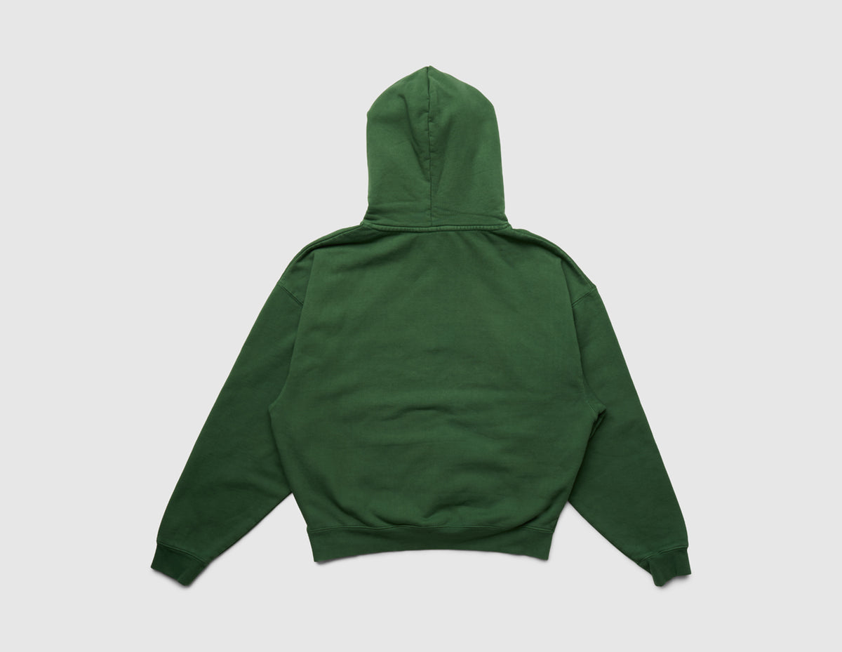 Home Grown Brutal HD Hoodie. Back view of dark ivy green pullover hoodie showing relaxed fit and hooded design. 