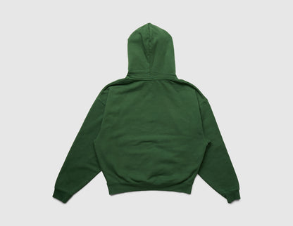 Home Grown Brutal HD Hoodie. Back view of dark ivy green pullover hoodie showing relaxed fit and hooded design. 