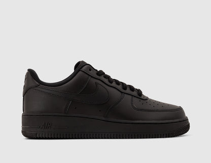Nike Air Force 1 '07. Side view of all-black leather sneakers showing tonal Nike Swoosh and AIR branded midsole. 
