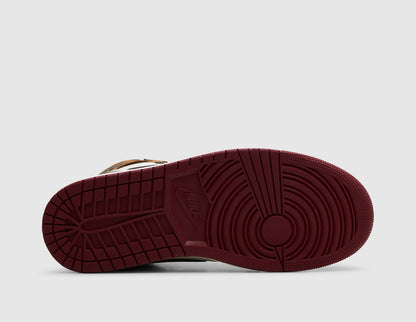 Jordan 1 Retro High OG "Love Letter". Bottom view of high-top sneaker showing team red rubber traction outsole pattern. 