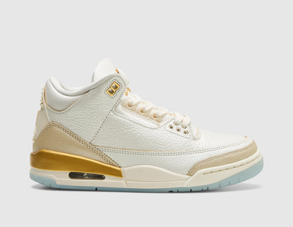 Jordan Women's 3 Retro. Side view of sail tumbled leather basketball shoes featuring pale ivory elephant print overlays, metallic team gold heel midsole panel, exposed Air unit, and icy light blue outsole. 