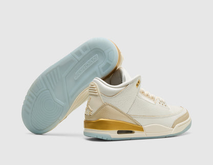 Jordan Women's 3 Retro. Three-quarter view of sail tumbled leather basketball shoes with one shoe turned to showcase the icy light blue translucent outsole. 