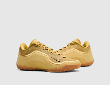 Nike LeBron XXIII "Honor Society". Three-quarter view of wheat gold basketball shoes showing mesh knit upper and matching laces. 