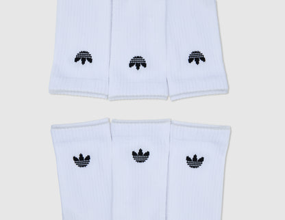 adidas Originals Trefoil 2.0 Crew Socks (6-Pack). Close-up top-down view of the ribbed upper cuffs arranged in two opposing rows, showing the jacquard knit black adidas Trefoil logos. 