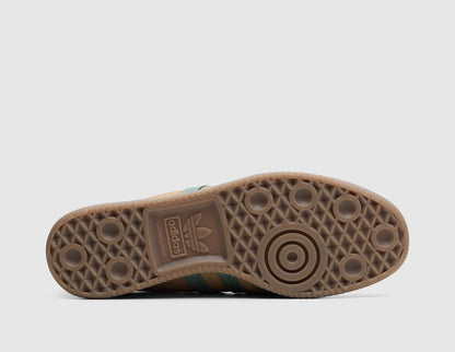 adidas Osaka. Bottom view of warm sandstone suede sneaker showing gum 3 rubber traction outsole pattern. 