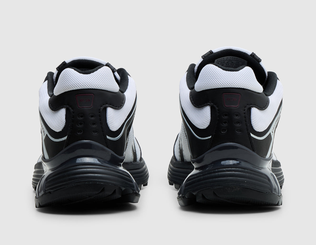 Salomon XT-Whisper. Rear view of pair of black and white trail running shoes showing white heel collar trim and black heel counters with glossy support overlays. 